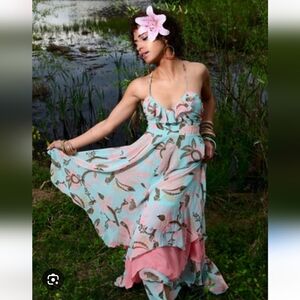 H&M Limited Edition Chiffon Boho Maxi Sundress In Pastel Print Blue/pink. Size 2